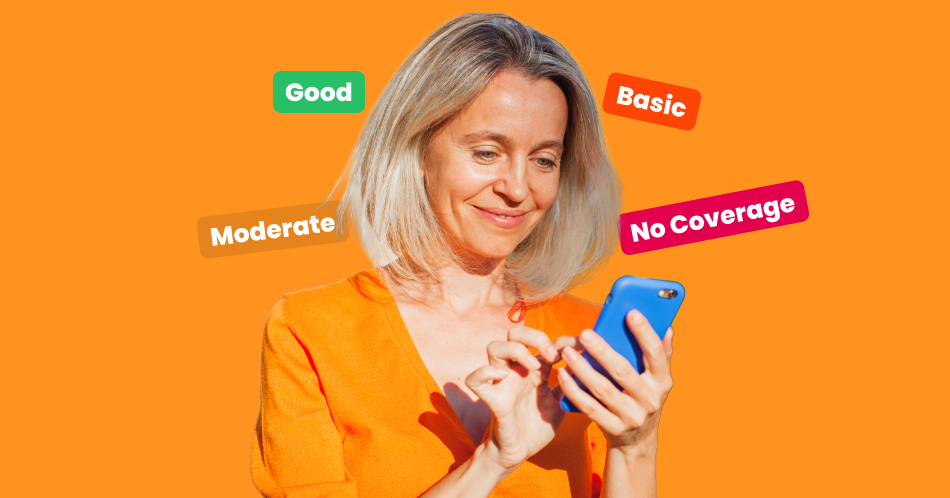 Woman checking her mobile phone with Good, Moderate, Basic and No Coverage labels explaining Australia’s mobile coverage map ratings