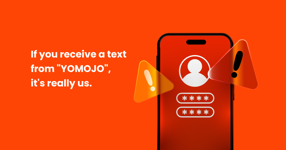Illustration of a mobile phone with security alerts explaining verified YOMOJO SMS messages