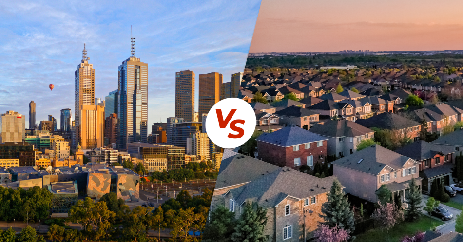 Split image of a city business district and suburban homes comparing business nbn® with residential nbn® services.