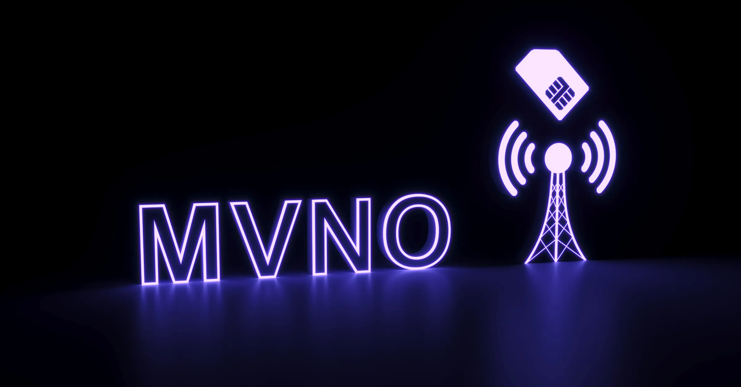 Glowing purple MVNO lettering beside a SIM card and mobile tower emitting wireless signals.
